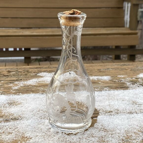 Vintage Heisey Glass Bitters Bottle with Circus Etch Lion Tamer 6" tall - Picture 4 of 16